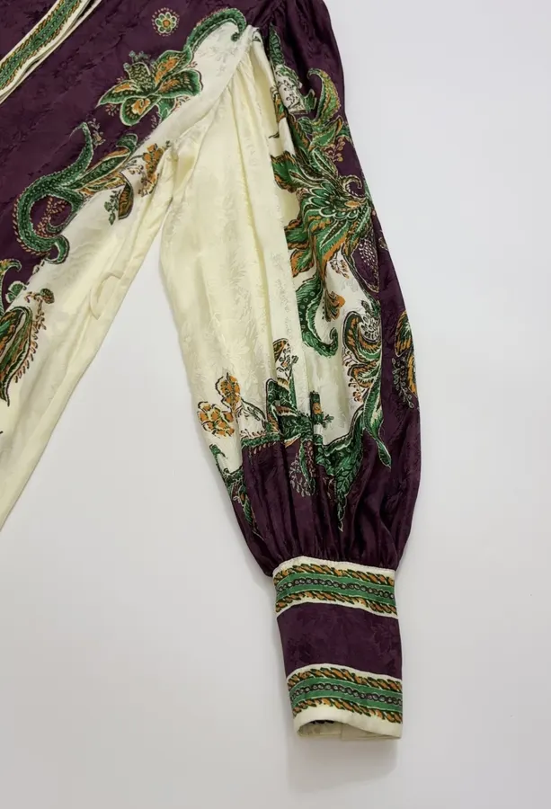 Printed Lantern-Sleeve Silk-Blend Shirt Dress in Burgundy Multicolor, product view 05