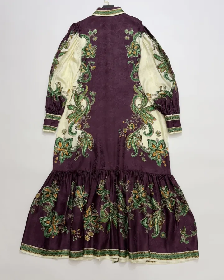 Printed Lantern-Sleeve Silk-Blend Shirt Dress in Burgundy Multicolor, product view 18