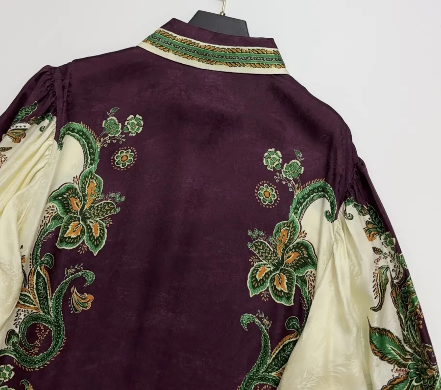 Printed Lantern-Sleeve Silk-Blend Shirt Dress in Burgundy Multicolor, product view 19