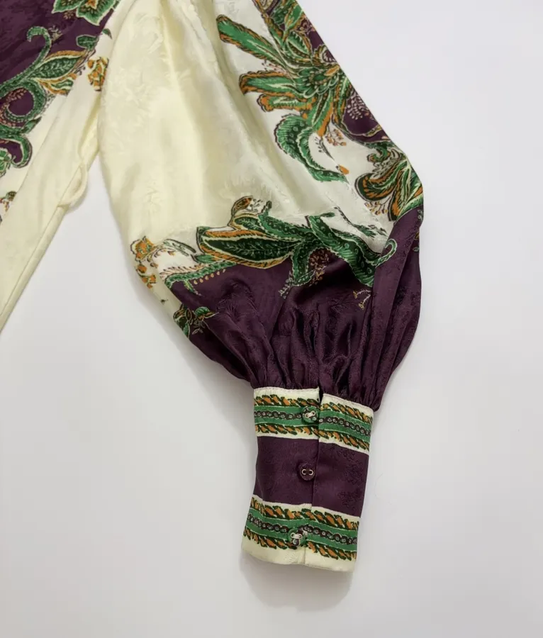 Printed Lantern-Sleeve Silk-Blend Shirt Dress in Burgundy Multicolor, product view 20