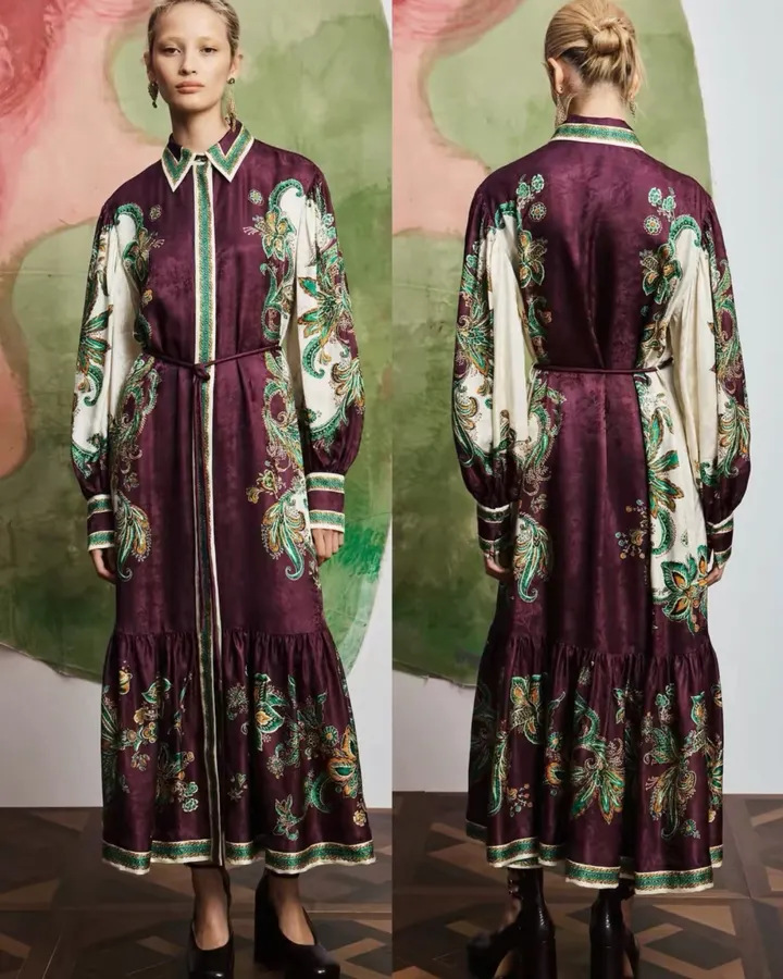 Printed Lantern-Sleeve Silk-Blend Shirt Dress in Burgundy Multicolor, product view 26