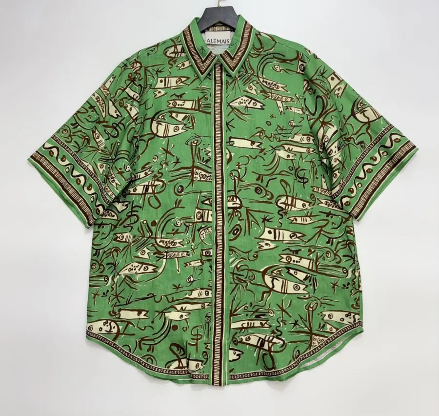 Linen Green Fish Stripe Print Shirt, Loose Top in Green, product view 01
