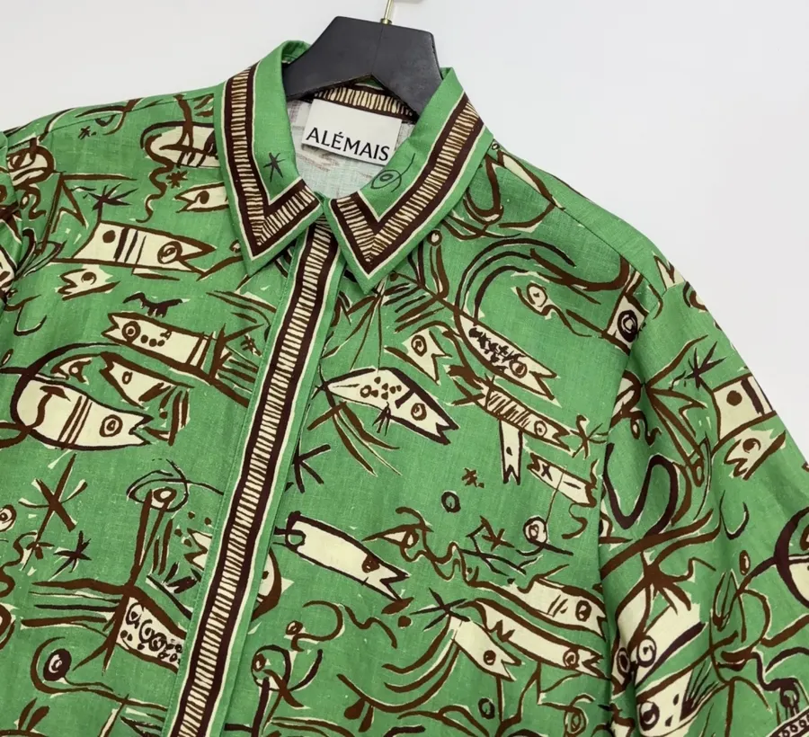 Linen Green Fish Stripe Print Shirt, Loose Top in Green, product view 02