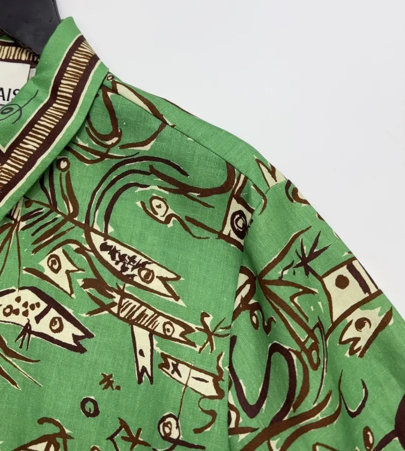Linen Green Fish Stripe Print Shirt, Loose Top in Green, product view 03