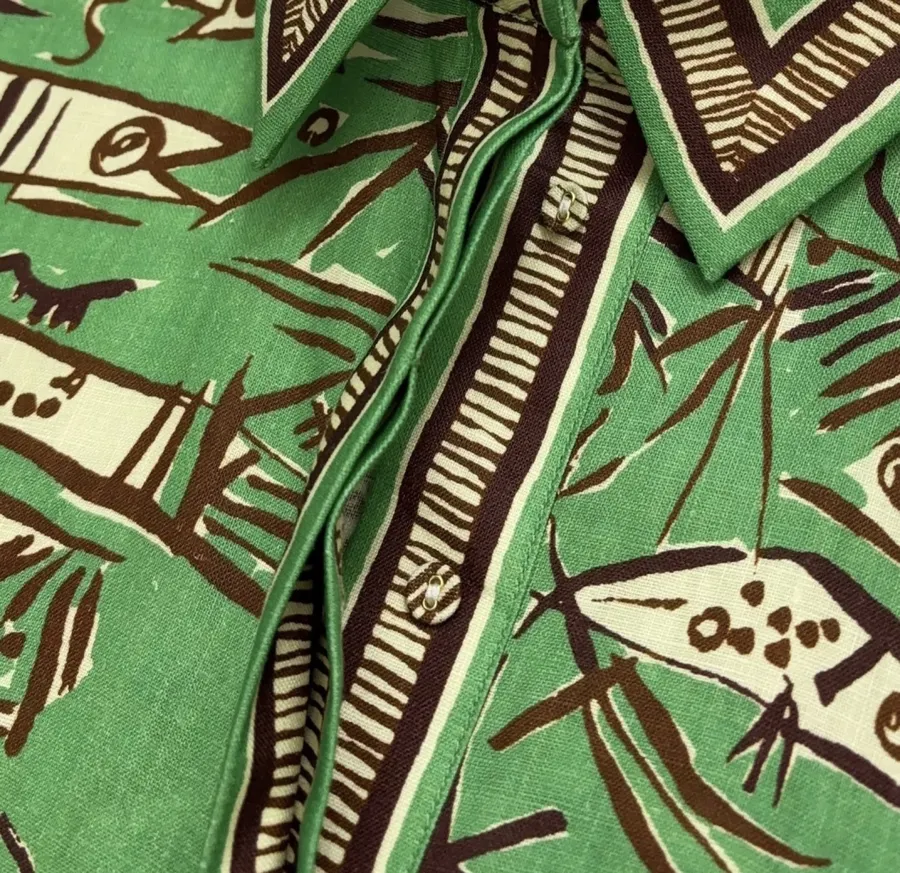 Linen Green Fish Stripe Print Shirt, Loose Top in Green, product view 04