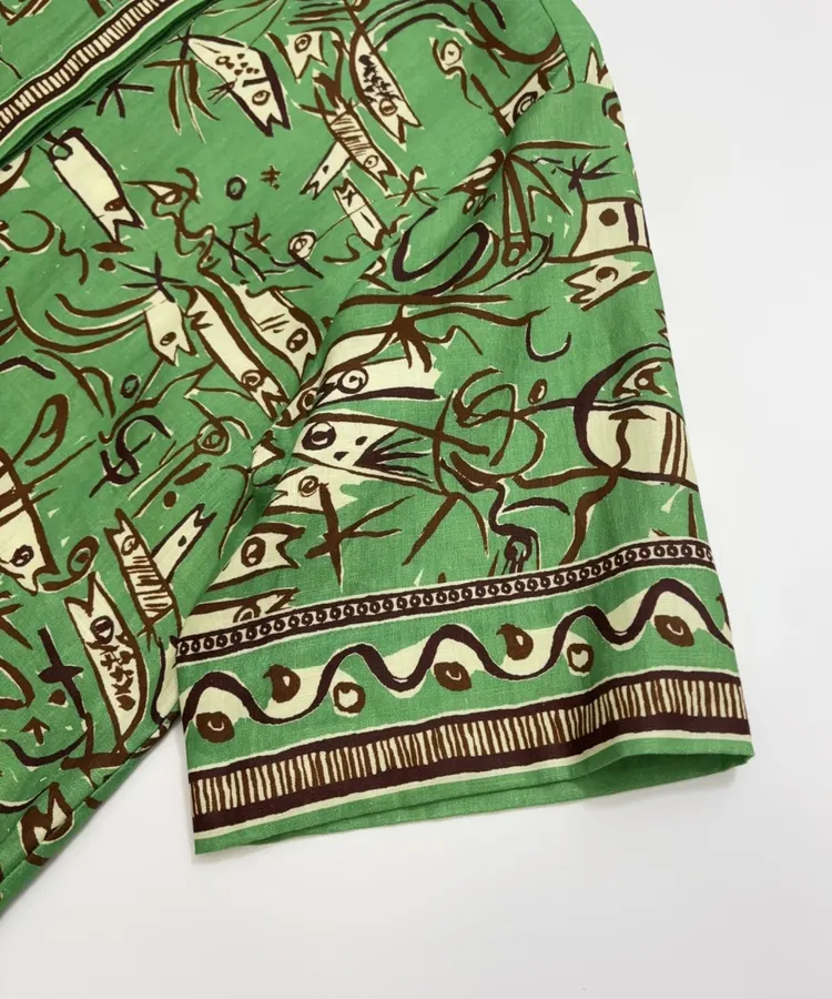 Linen Green Fish Stripe Print Shirt, Loose Top in Green, product view 05
