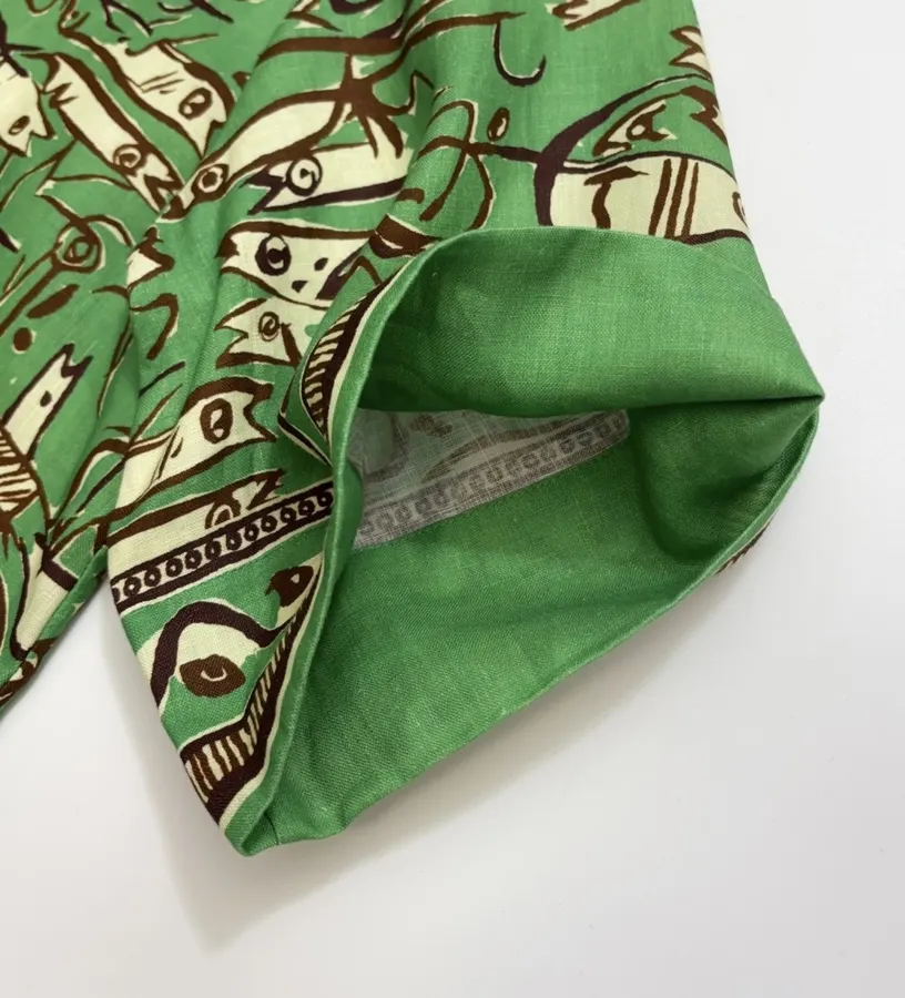 Linen Green Fish Stripe Print Shirt, Loose Top in Green, product view 06