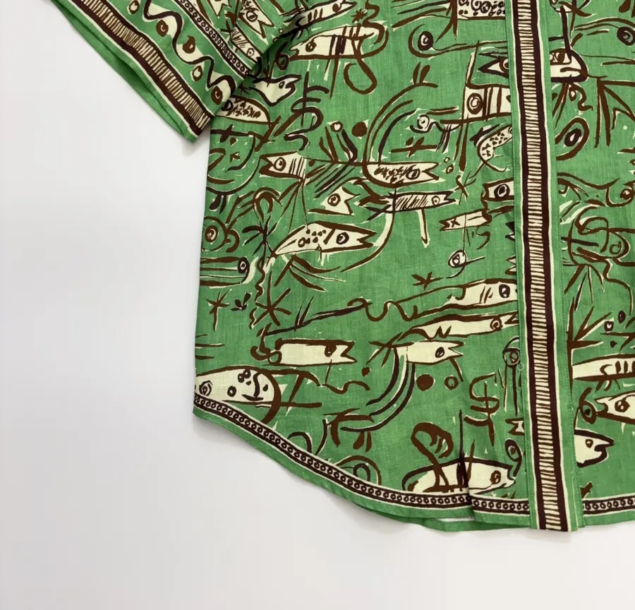 Linen Green Fish Stripe Print Shirt, Loose Top in Green, product view 07