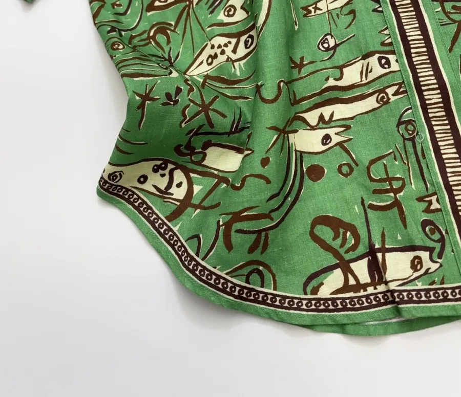 Linen Green Fish Stripe Print Shirt, Loose Top in Green, product view 08
