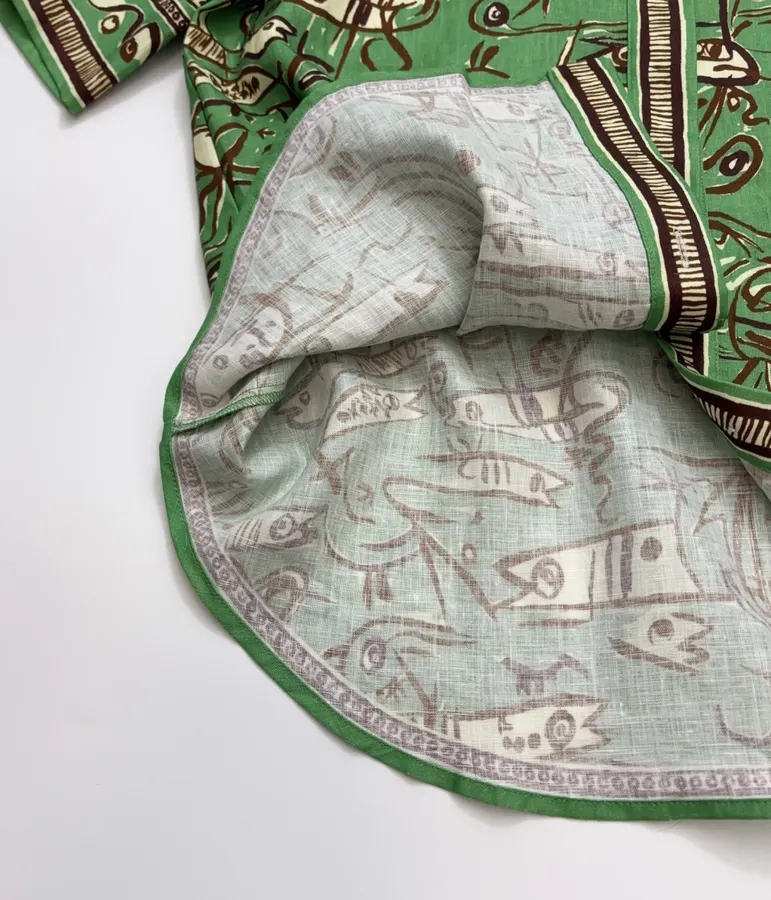 Linen Green Fish Stripe Print Shirt, Loose Top in Green, product view 10