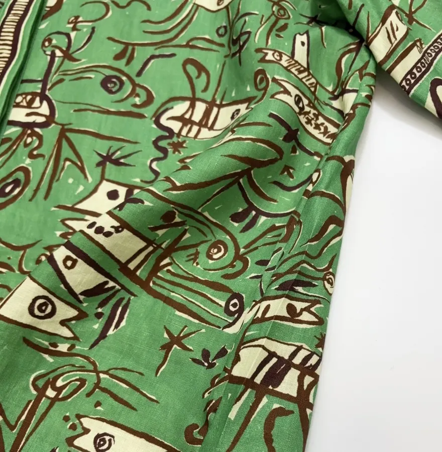 Linen Green Fish Stripe Print Shirt, Loose Top in Green, product view 11