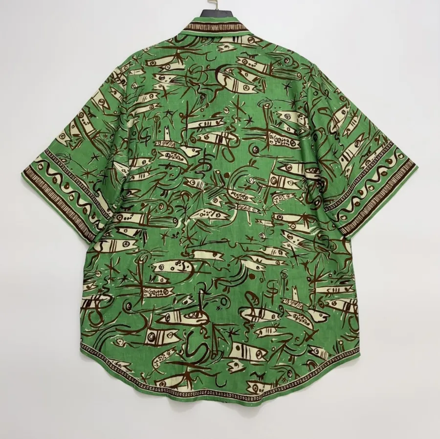 Linen Green Fish Stripe Print Shirt, Loose Top in Green, product view 12