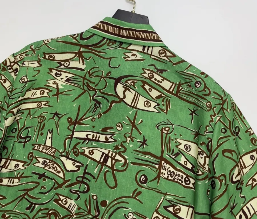Linen Green Fish Stripe Print Shirt, Loose Top in Green, product view 13