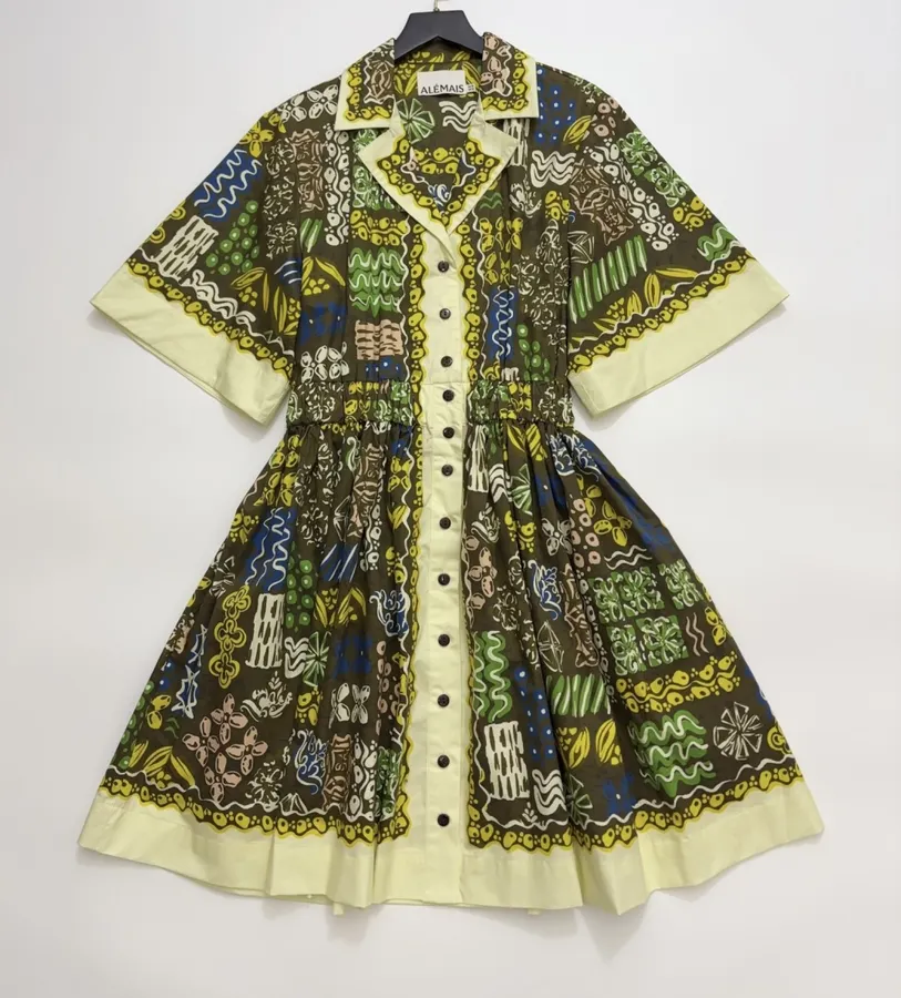 Graffiti Pure Cotton Printed Elegant Cinched Wide-Swing Shirt Dress, Short-Length Dress in Olive Multicolor, product view 01