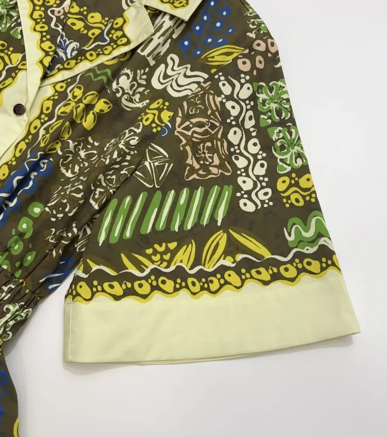 Graffiti Pure Cotton Printed Elegant Cinched Wide-Swing Shirt Dress, Short-Length Dress in Olive Multicolor, product view 04