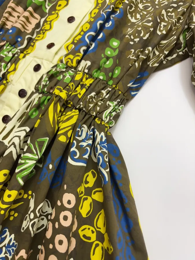 Graffiti Pure Cotton Printed Elegant Cinched Wide-Swing Shirt Dress, Short-Length Dress in Olive Multicolor, product view 08