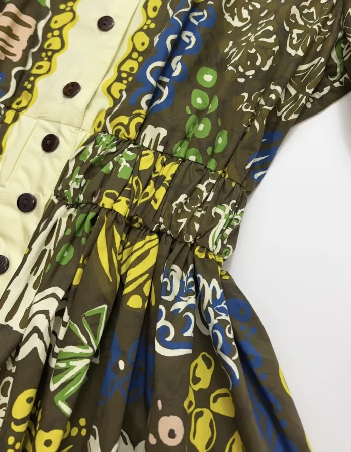 Graffiti Pure Cotton Printed Elegant Cinched Wide-Swing Shirt Dress, Short-Length Dress in Olive Multicolor, product view 09