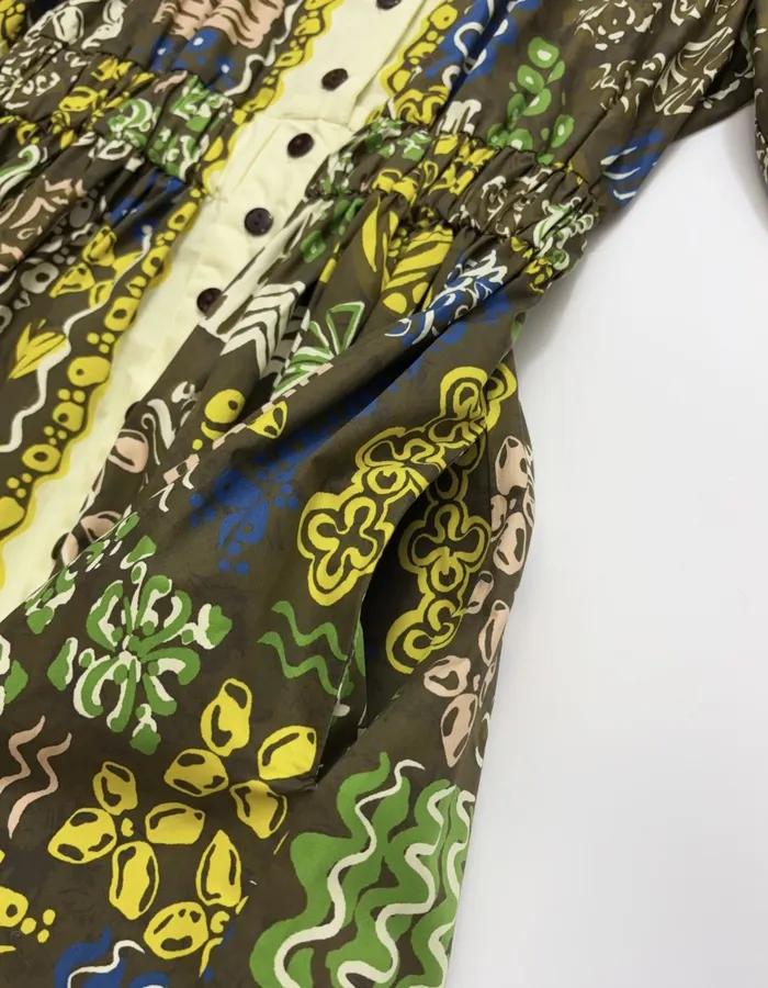 Graffiti Pure Cotton Printed Elegant Cinched Wide-Swing Shirt Dress, Short-Length Dress in Olive Multicolor, product view 10
