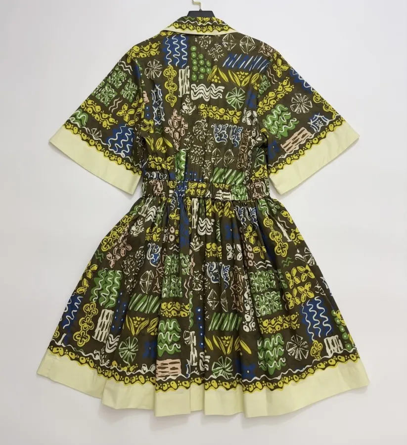 Graffiti Pure Cotton Printed Elegant Cinched Wide-Swing Shirt Dress, Short-Length Dress in Olive Multicolor, product view 18