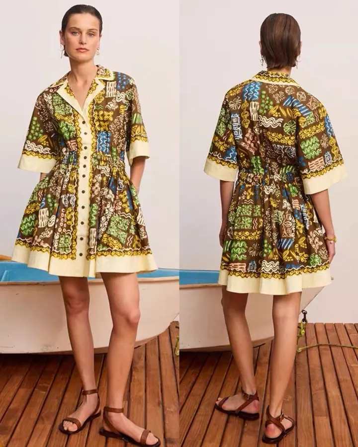 Graffiti Pure Cotton Printed Elegant Cinched Wide-Swing Shirt Dress, Short-Length Dress in Olive Multicolor, product view 22