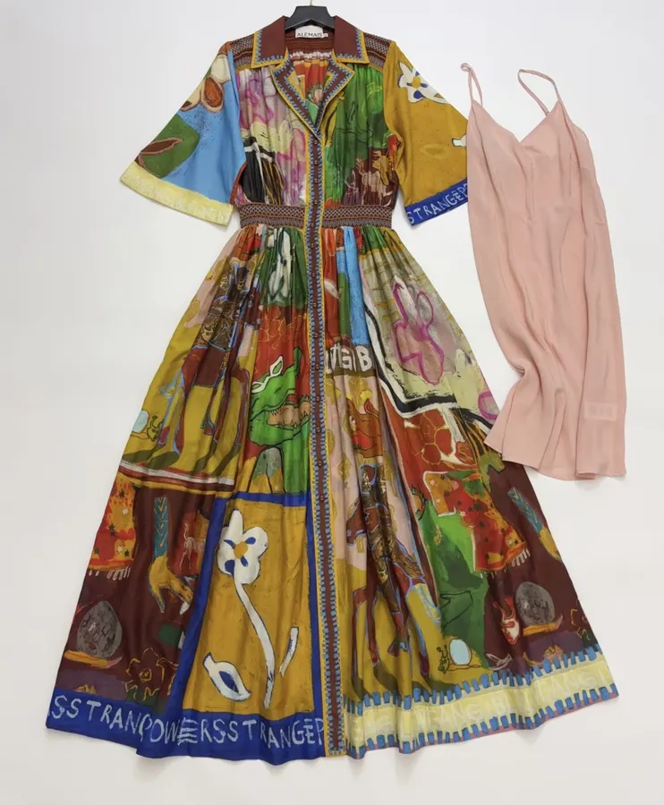 Printed Button-Collar Ultra-Long Dress in Multicolor, product view 01