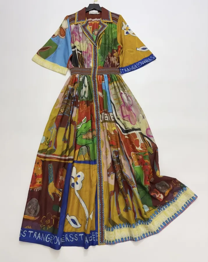 Printed Button-Collar Ultra-Long Dress in Multicolor, product view 02