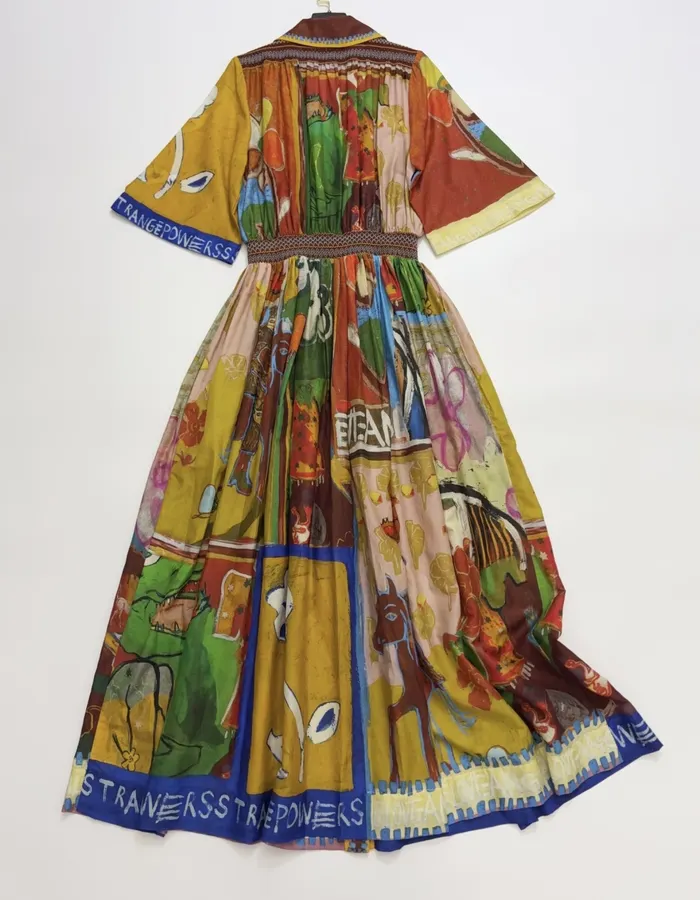 Printed Button-Collar Ultra-Long Dress in Multicolor, product view 18
