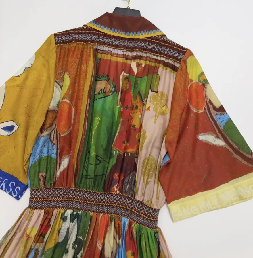 Printed Button-Collar Ultra-Long Dress in Multicolor, product view 19