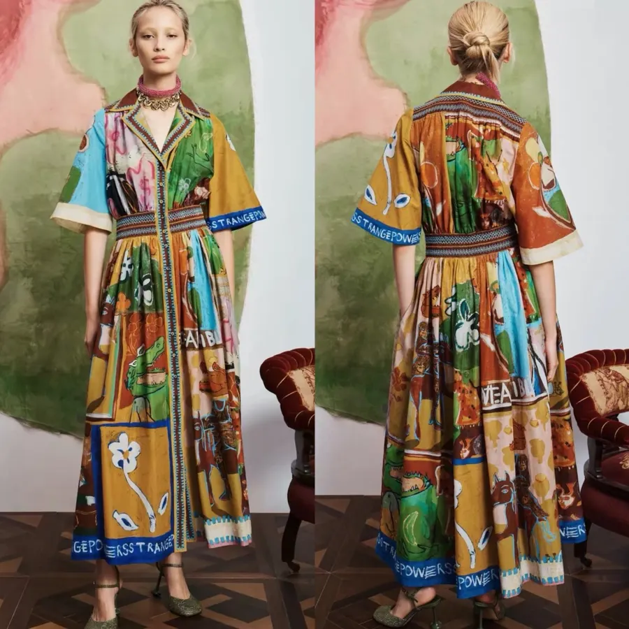 Printed Button-Collar Ultra-Long Dress in Multicolor, product view 23