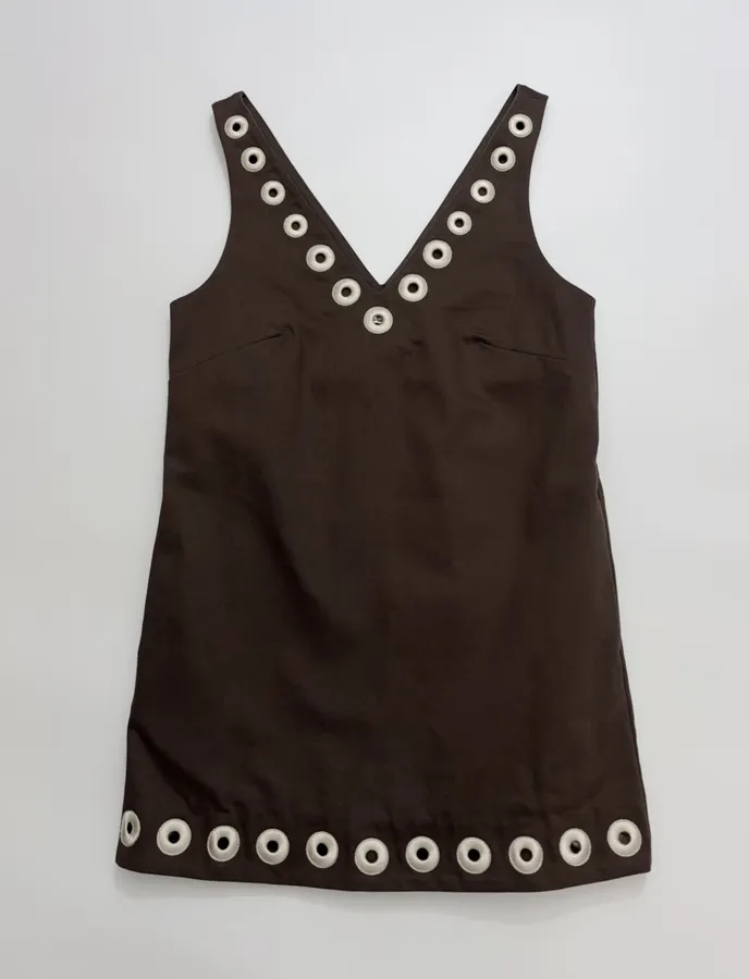 Cotton Denim Embroidered Elegant Fashion V-Neck Straight-Line Vest Dress in Dark Brown, product view 01