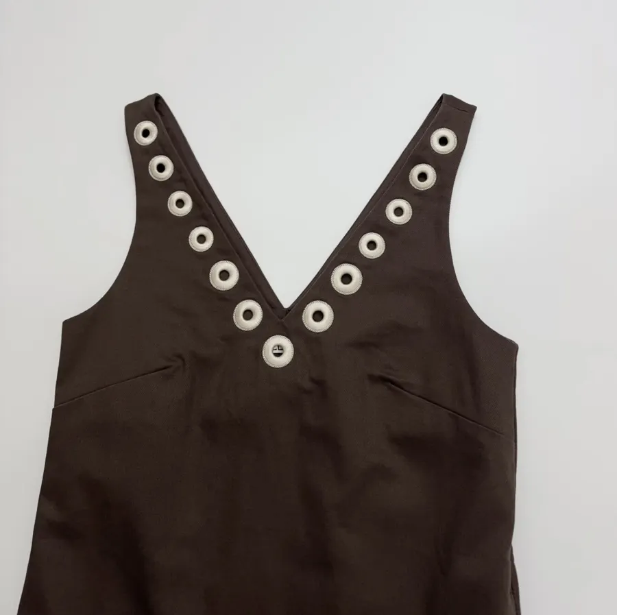 Cotton Denim Embroidered Elegant Fashion V-Neck Straight-Line Vest Dress in Dark Brown, product view 02