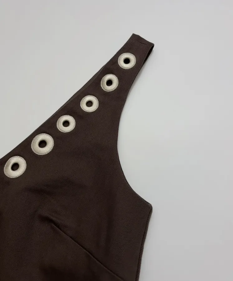 Cotton Denim Embroidered Elegant Fashion V-Neck Straight-Line Vest Dress in Dark Brown, product view 03