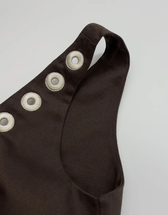 Cotton Denim Embroidered Elegant Fashion V-Neck Straight-Line Vest Dress in Dark Brown, product view 04