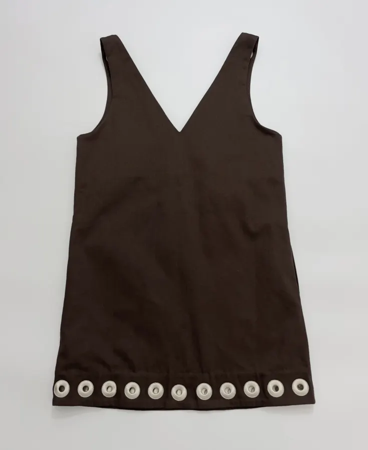 Cotton Denim Embroidered Elegant Fashion V-Neck Straight-Line Vest Dress in Dark Brown, product view 11