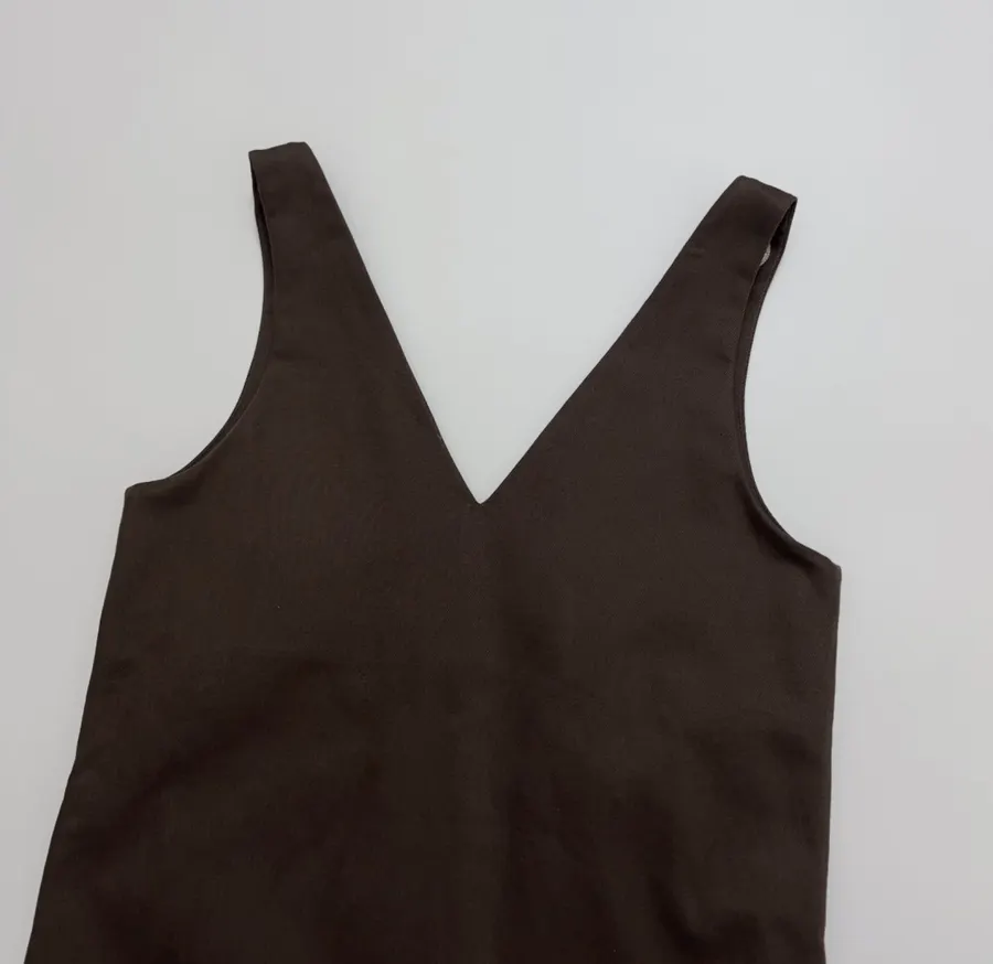 Cotton Denim Embroidered Elegant Fashion V-Neck Straight-Line Vest Dress in Dark Brown, product view 12
