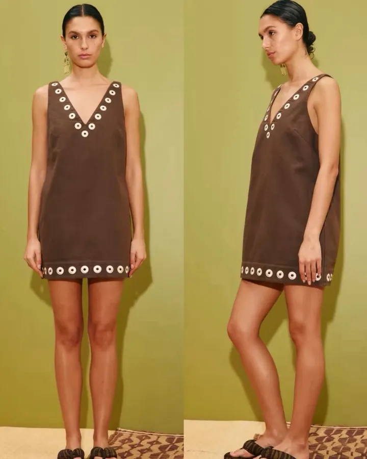 Cotton Denim Embroidered Elegant Fashion V-Neck Straight-Line Vest Dress in Dark Brown, product view 15
