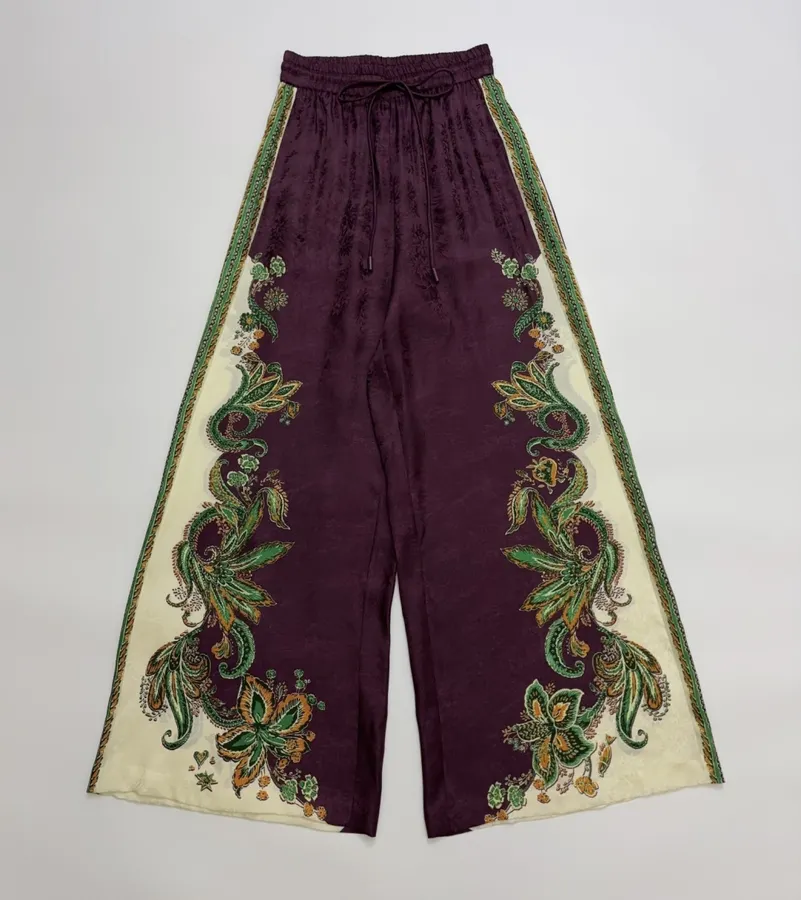 Silk Blend Elastic Waist Long Pants, Casual Trousers in Burgundy Multicolor, product view