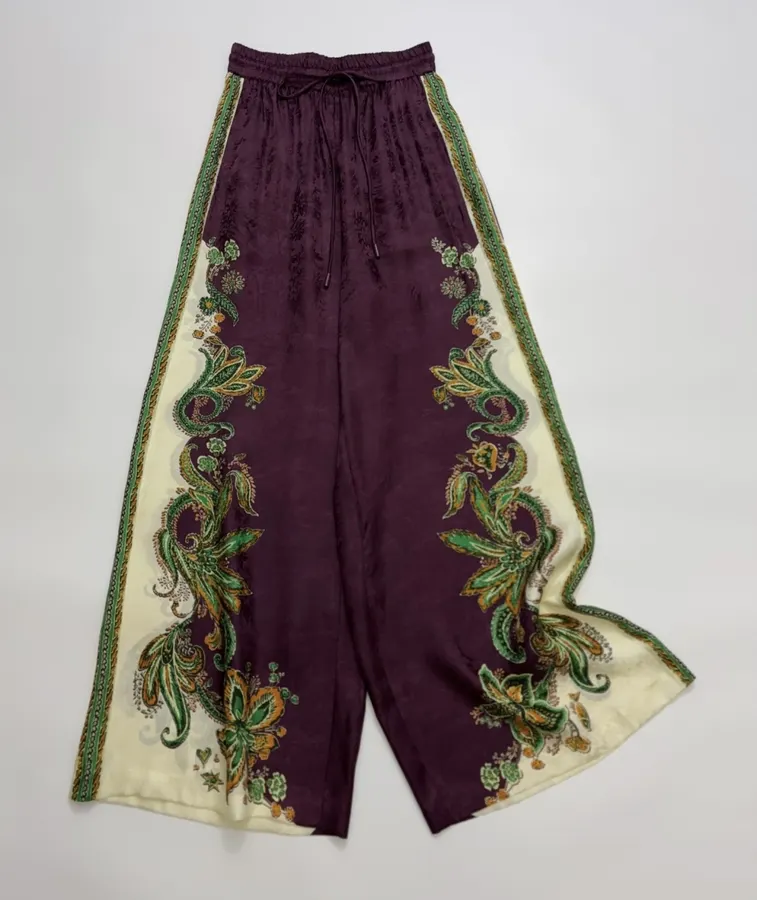 Silk Blend Elastic Waist Long Pants, Casual Trousers in Burgundy Multicolor, product view 02