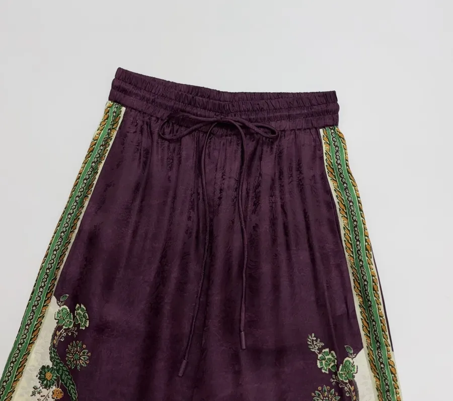 Silk Blend Elastic Waist Long Pants, Casual Trousers in Burgundy Multicolor, product view 03
