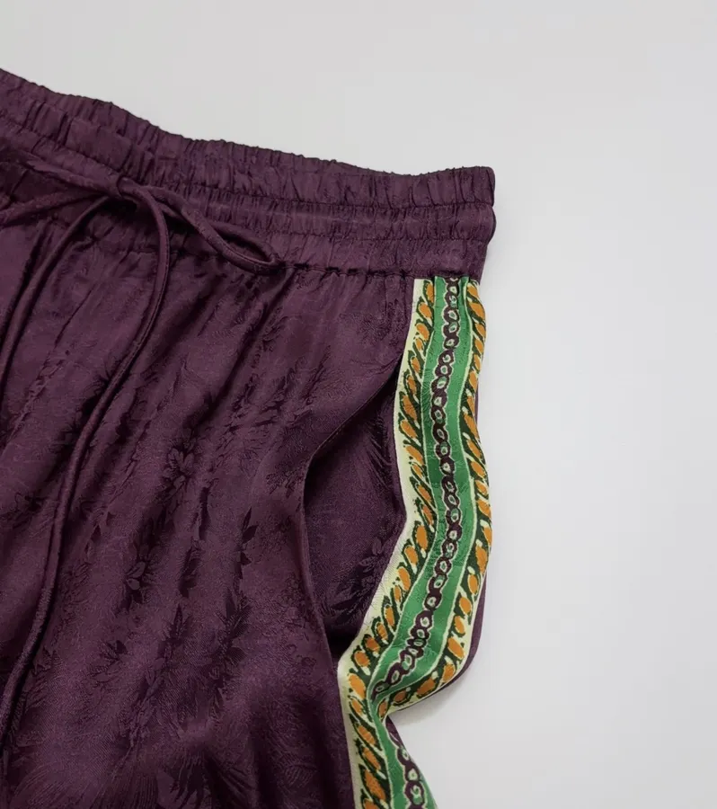Silk Blend Elastic Waist Long Pants, Casual Trousers in Burgundy Multicolor, product view 04