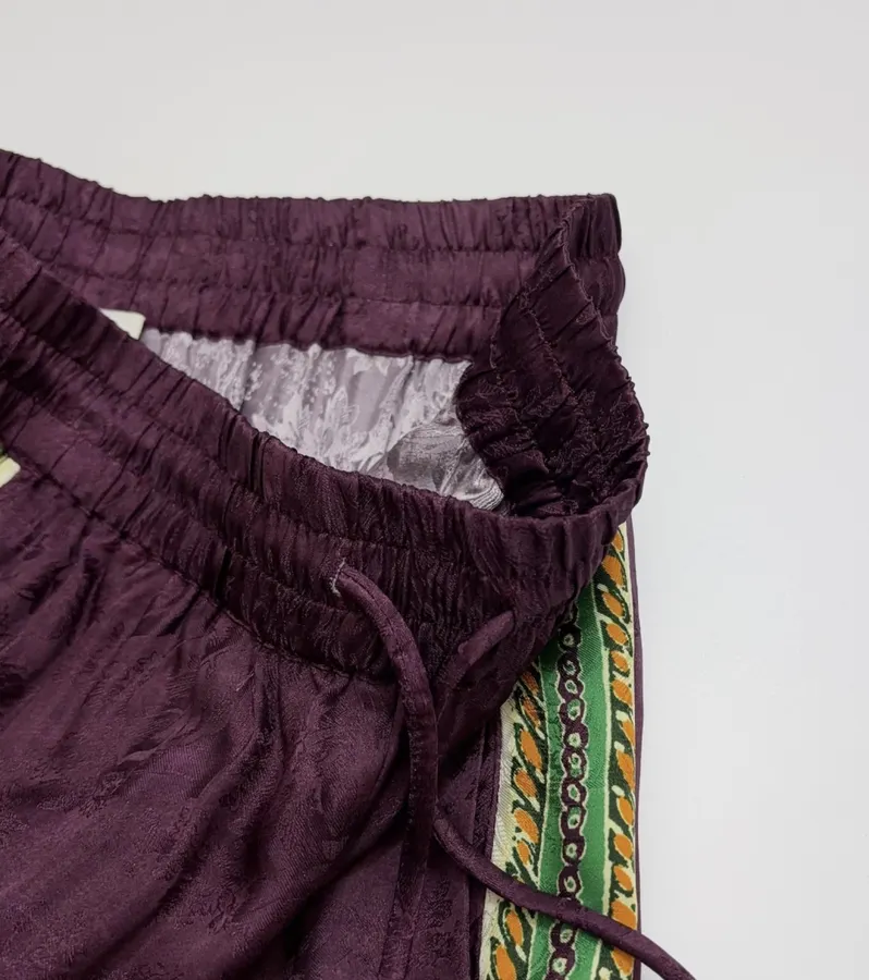 Silk Blend Elastic Waist Long Pants, Casual Trousers in Burgundy Multicolor, product view 05