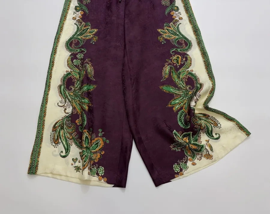 Silk Blend Elastic Waist Long Pants, Casual Trousers in Burgundy Multicolor, product view 07