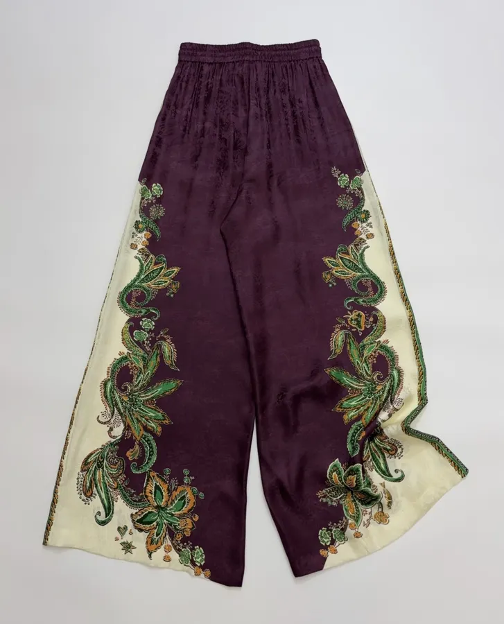 Silk Blend Elastic Waist Long Pants, Casual Trousers in Burgundy Multicolor, product view 12