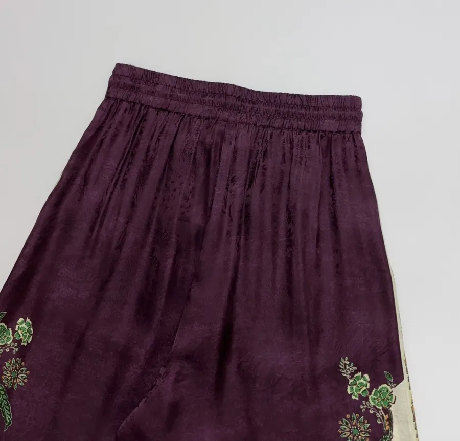 Silk Blend Elastic Waist Long Pants, Casual Trousers in Burgundy Multicolor, product view 13