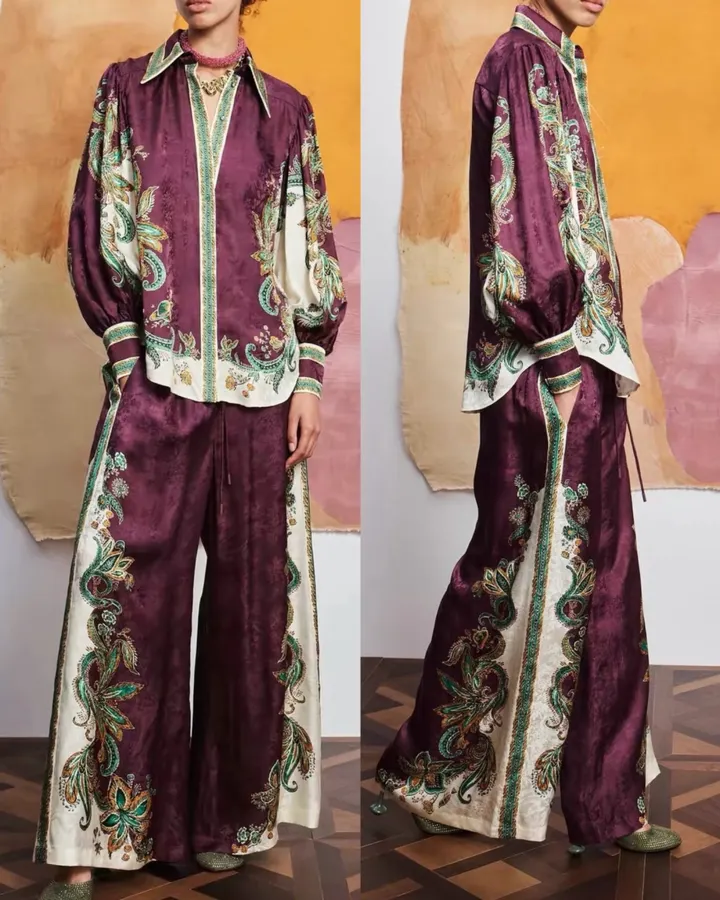 Silk Blend Elastic Waist Long Pants, Casual Trousers in Burgundy Multicolor, product view 16