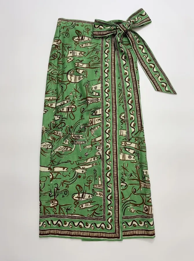 Linen Green Fish Stripe Half-Skirt in Green, product view 01