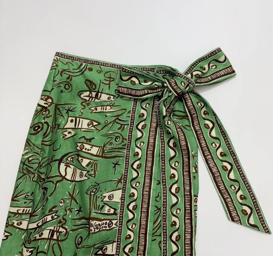 Linen Green Fish Stripe Half-Skirt in Green, product view 02