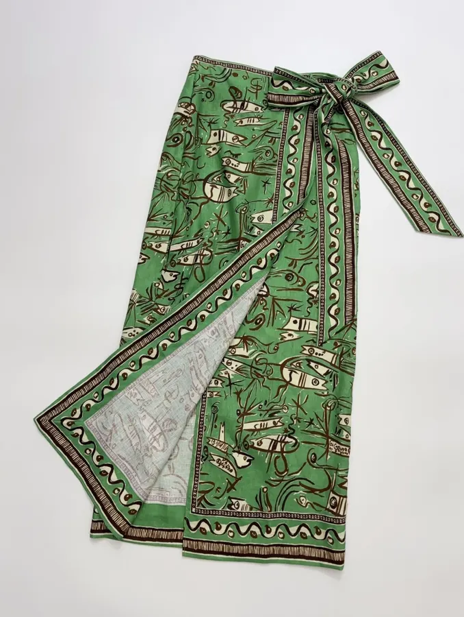 Linen Green Fish Stripe Half-Skirt in Green, product view 07
