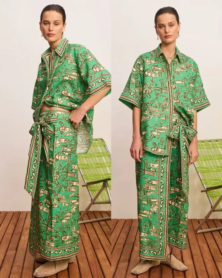 Linen Green Fish Stripe Half-Skirt in Green, product view 19