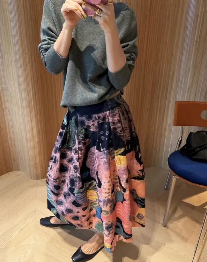 Niche Design Artistic Vibe ~ Delicate High-Count Corduroy Printed Bud Skirt in Multicolor, product view 01
